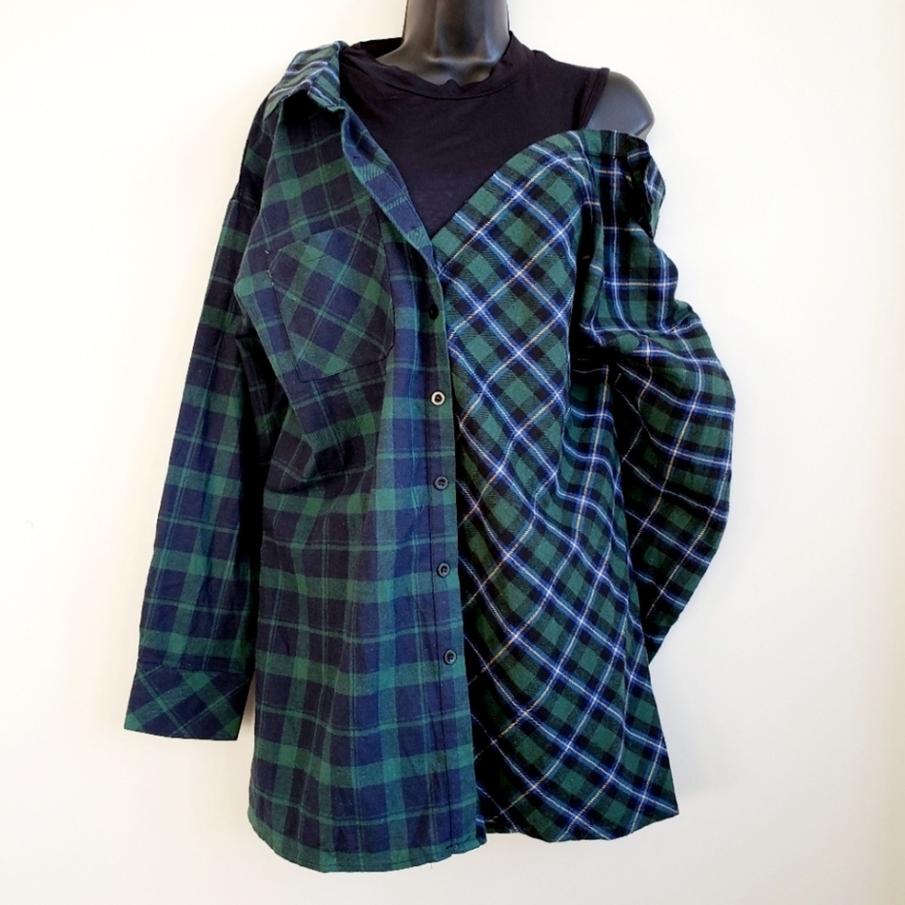 New NASTY GAL 2 in 1 Spliced Plaid Flannel Check Shirt Dress S Y2K - Picture 2 of 4